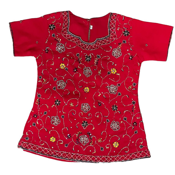 Embellished Red Indian Skirt and Top Sari Set Traditional Wedding Womens Size 30 - Picture 2 of 14